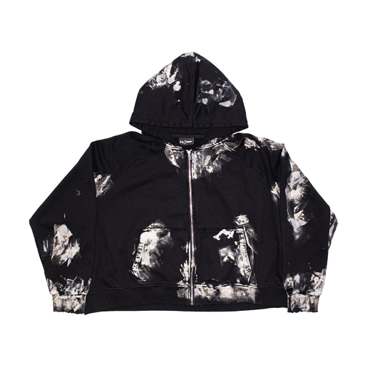 CLAY ZIP TRASHED HOODIE - BLACK